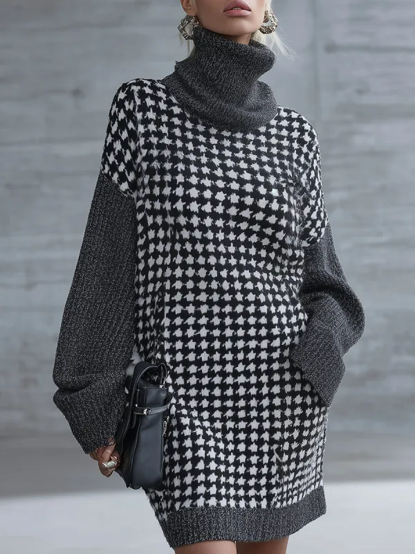 High-end Stylish Gray High-neck Houndstooth Knit Mini Dress sold by Oyrosy