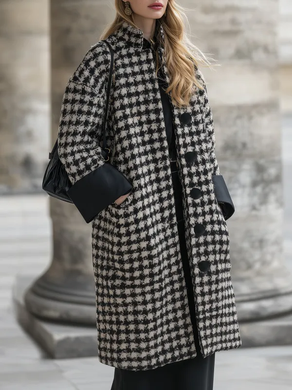 Fashionable Classic Black Cuffs Stand Collar Black And White Houndstooth Mid-length Coat sold by Oyrosy