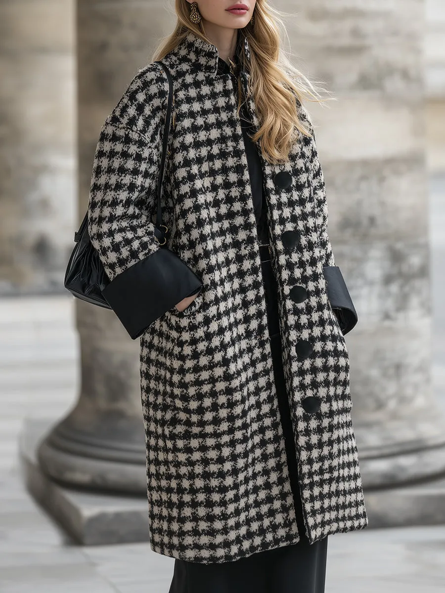 Fashionable Classic Black Cuffs Stand Collar Black And White Houndstooth Mid-length Coat sold by Oyrosy