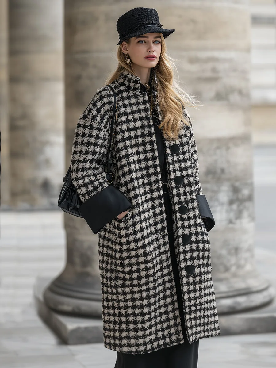 Fashionable Classic Black Cuffs Stand Collar Black And White Houndstooth Mid-length Coat sold by Oyrosy product image thumbnail 2