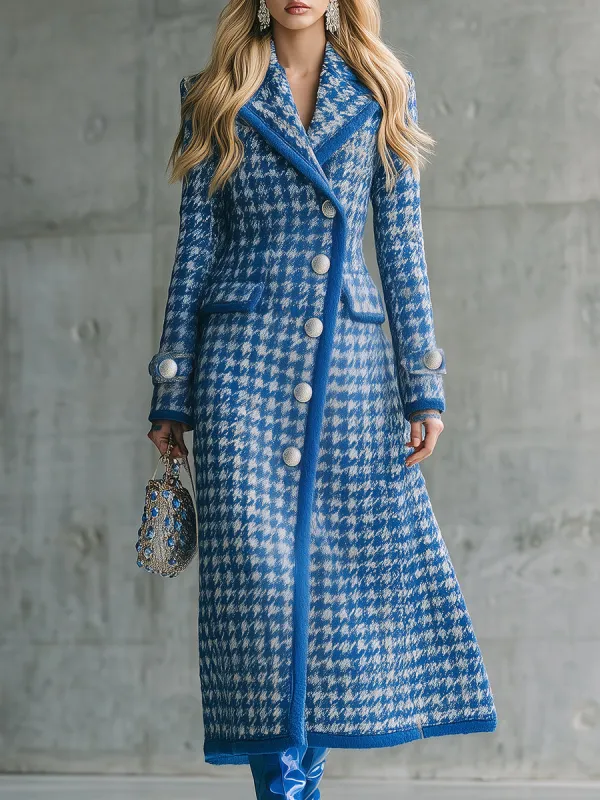 Retro And Fashionable Blue Houndstooth Autumn And Winter Long Coat sold by Oyrosy