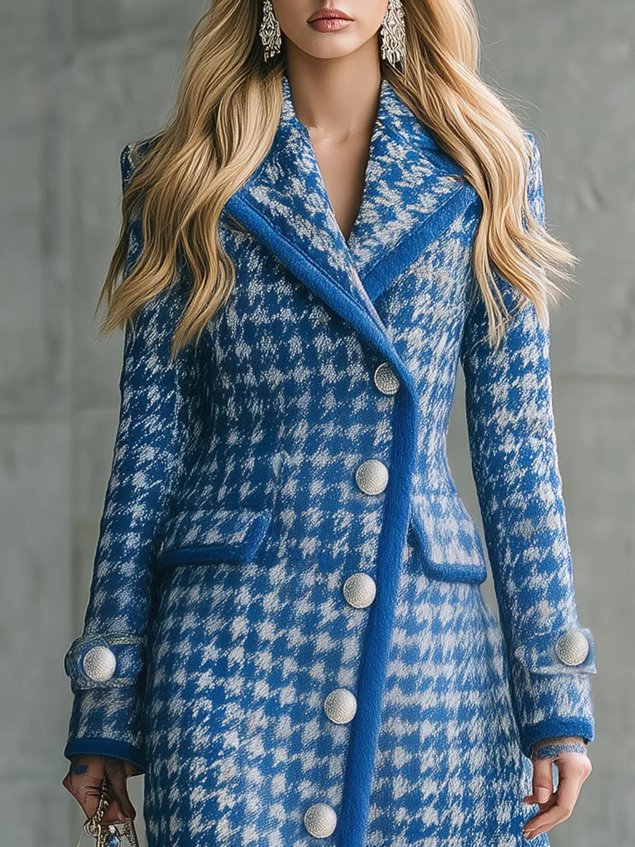 Retro And Fashionable Blue Houndstooth Autumn And Winter Long Coat sold by Oyrosy product image thumbnail 3