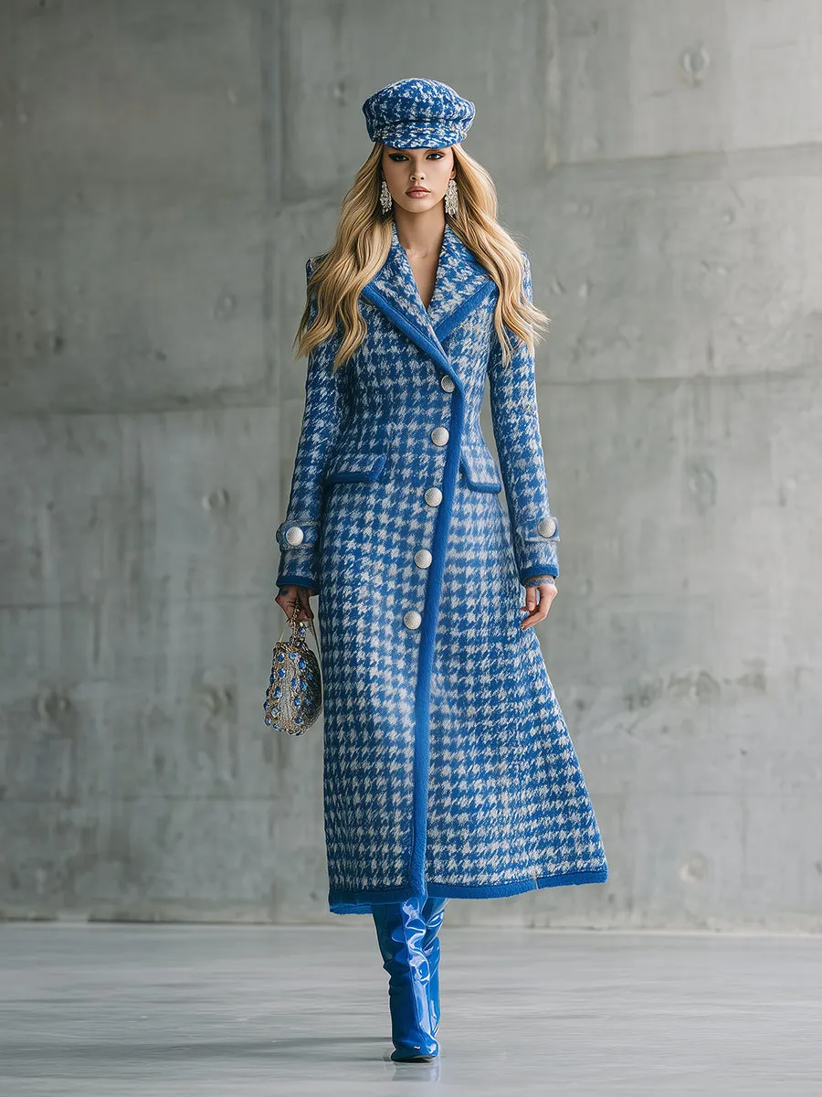 Retro And Fashionable Blue Houndstooth Autumn And Winter Long Coat sold by Oyrosy product image thumbnail 2
