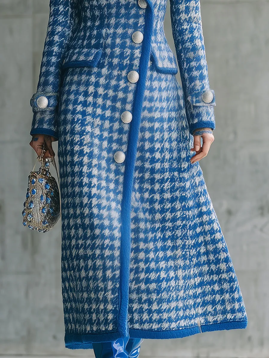 Retro And Fashionable Blue Houndstooth Autumn And Winter Long Coat sold by Oyrosy product image thumbnail 4