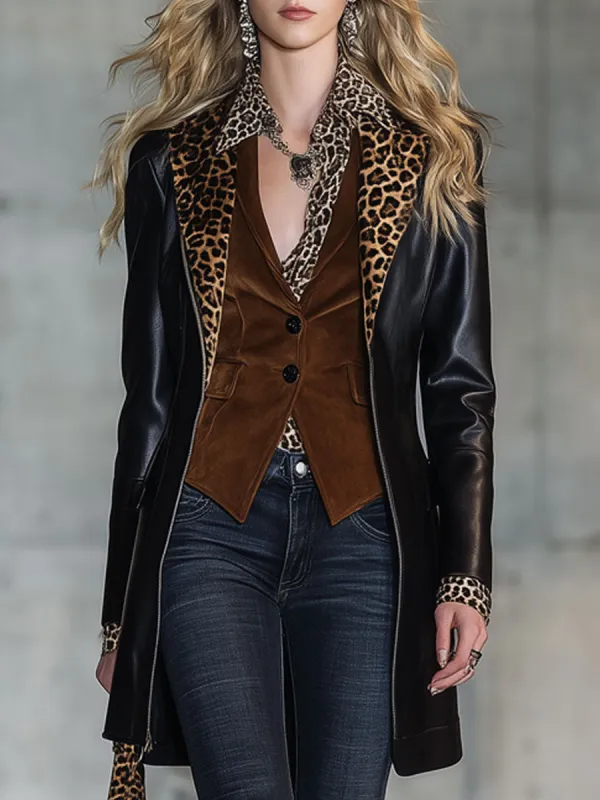 Fashion Retro Leopard Velvet Lapel Black Pu Zipper Coat sold by Oyrosy