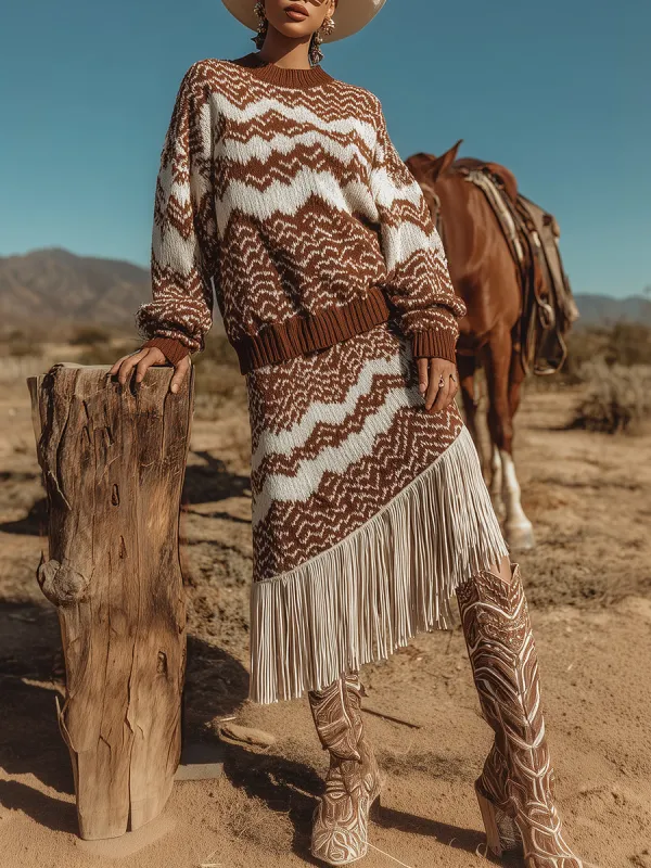Retro Western Style Zigzag Pattern Sweater And Fringed Skirt Set sold by Oyrosy