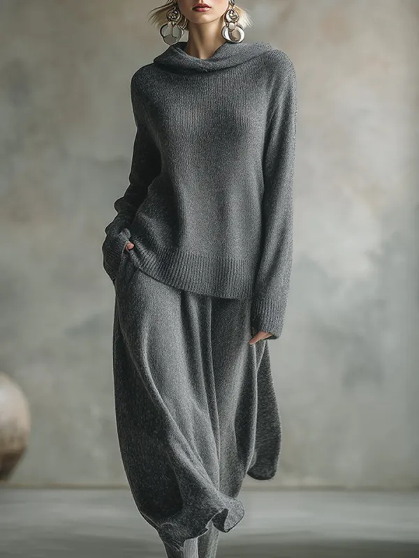 Elegant Minimalist Gray Hooded Sweater Skirt Set sold by Oyrosy