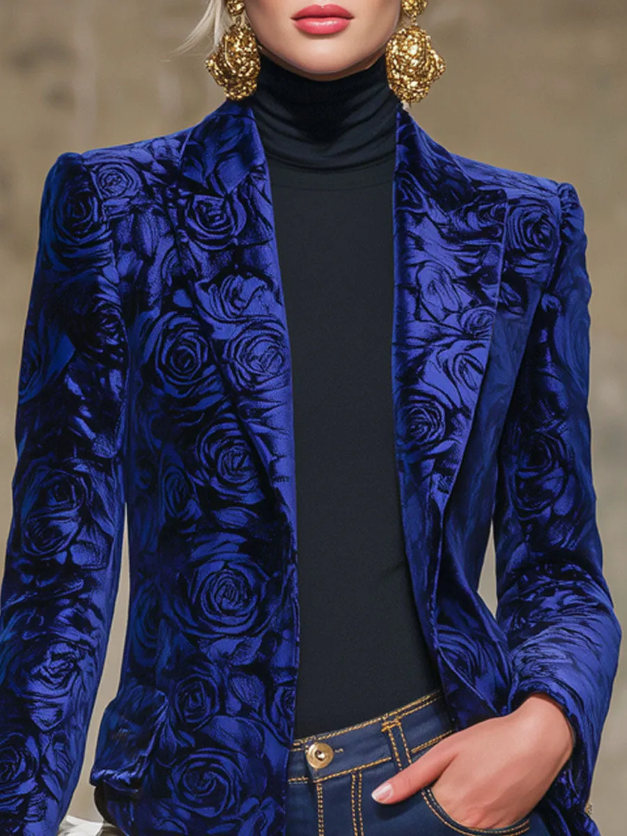 Royal Blue Rose Print Velvet Lapel Blazer sold by Oyrosy product image thumbnail 2