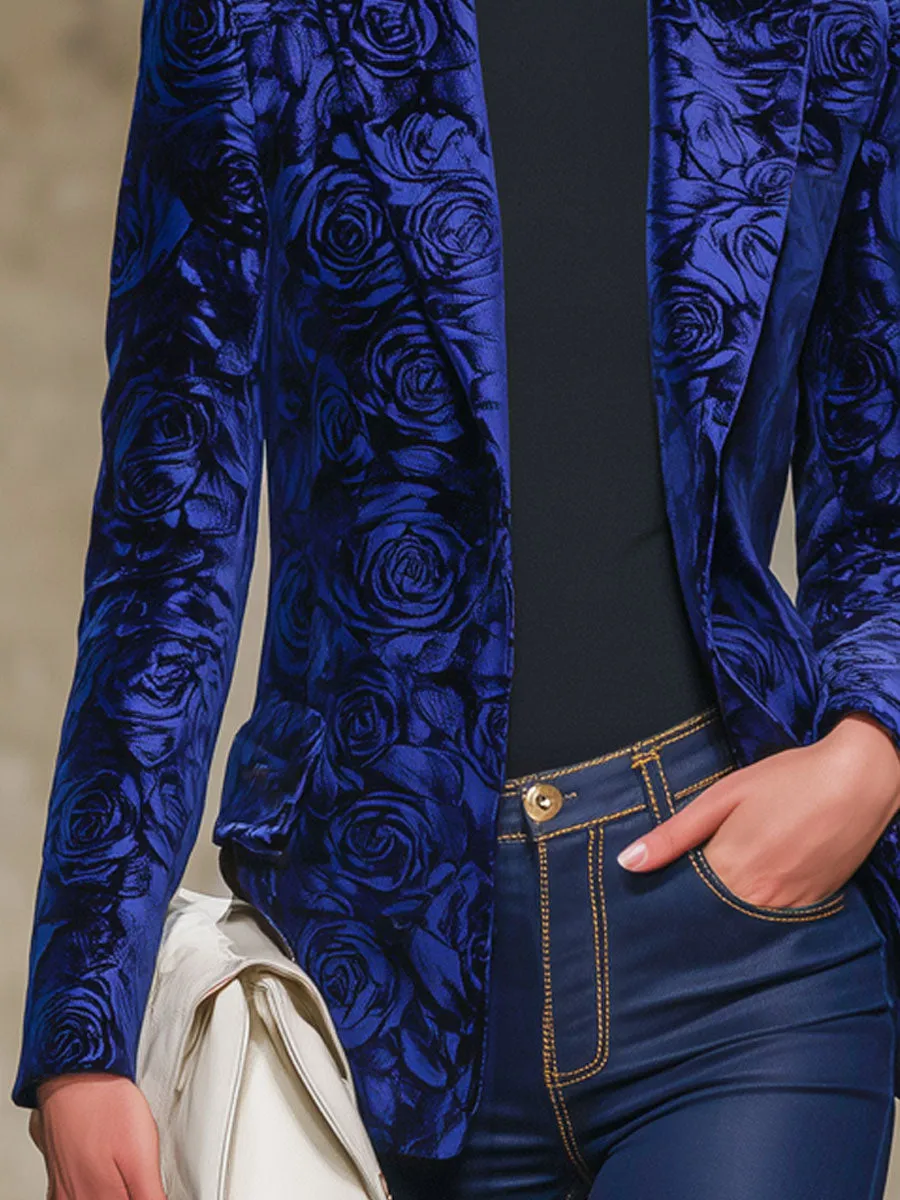 Royal Blue Rose Print Velvet Lapel Blazer sold by Oyrosy product image thumbnail 3