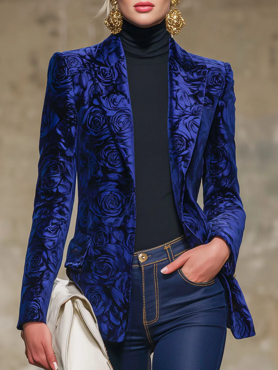 Royal Blue Rose Print Velvet Lapel Blazer sold by Oyrosy