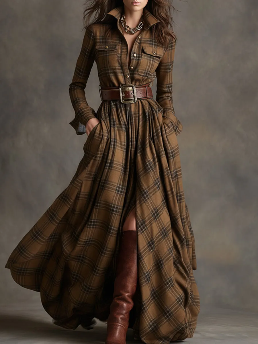 Retro Ethnic Style Lapel Reddish Brown Plaid Maxi Dress sold by Oyrosy product image thumbnail 3