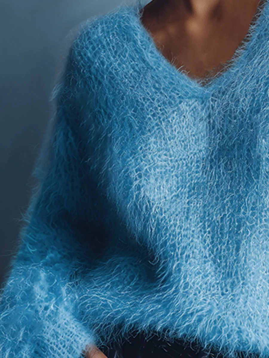 Casual Loose Light Blue V-neck Long Wool Knitted Sweater sold by Oyrosy product image thumbnail 4