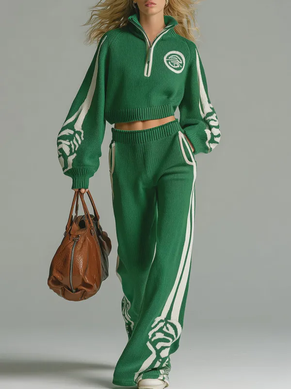 Fashion Casual White Decorative Green Half-zip Top Wide-leg Pants Knitted Set sold by Oyrosy