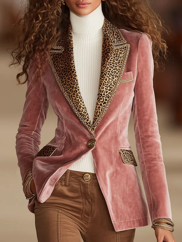 Pink Velvet Stitching Leopard Print One Button Blazer sold by Oyrosy