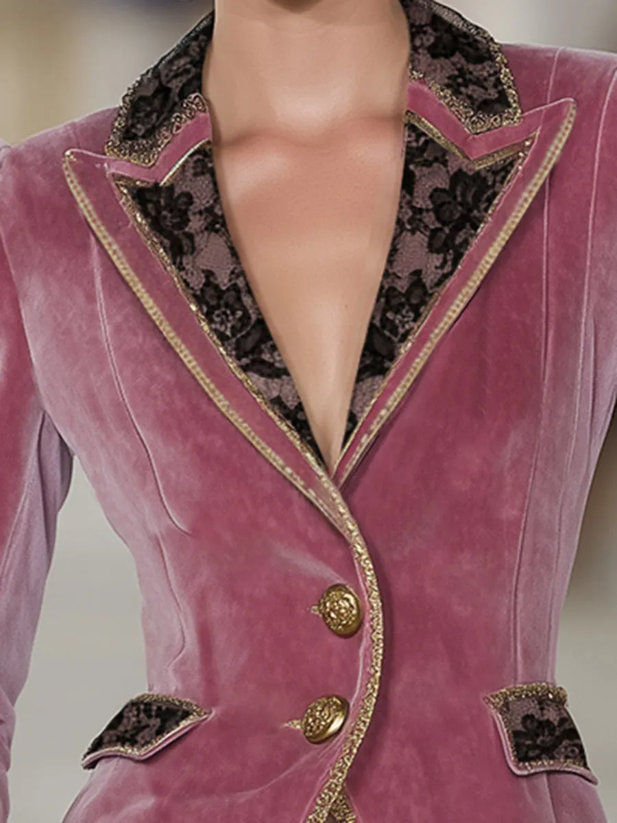 Pink Velvet Collar Lace And Gold Ribbon Blazer sold by Oyrosy product image thumbnail 4