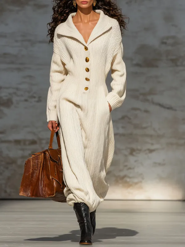 Loose Fit Lapel Button-Down Knitted Jumpsuit sold by Oyrosy