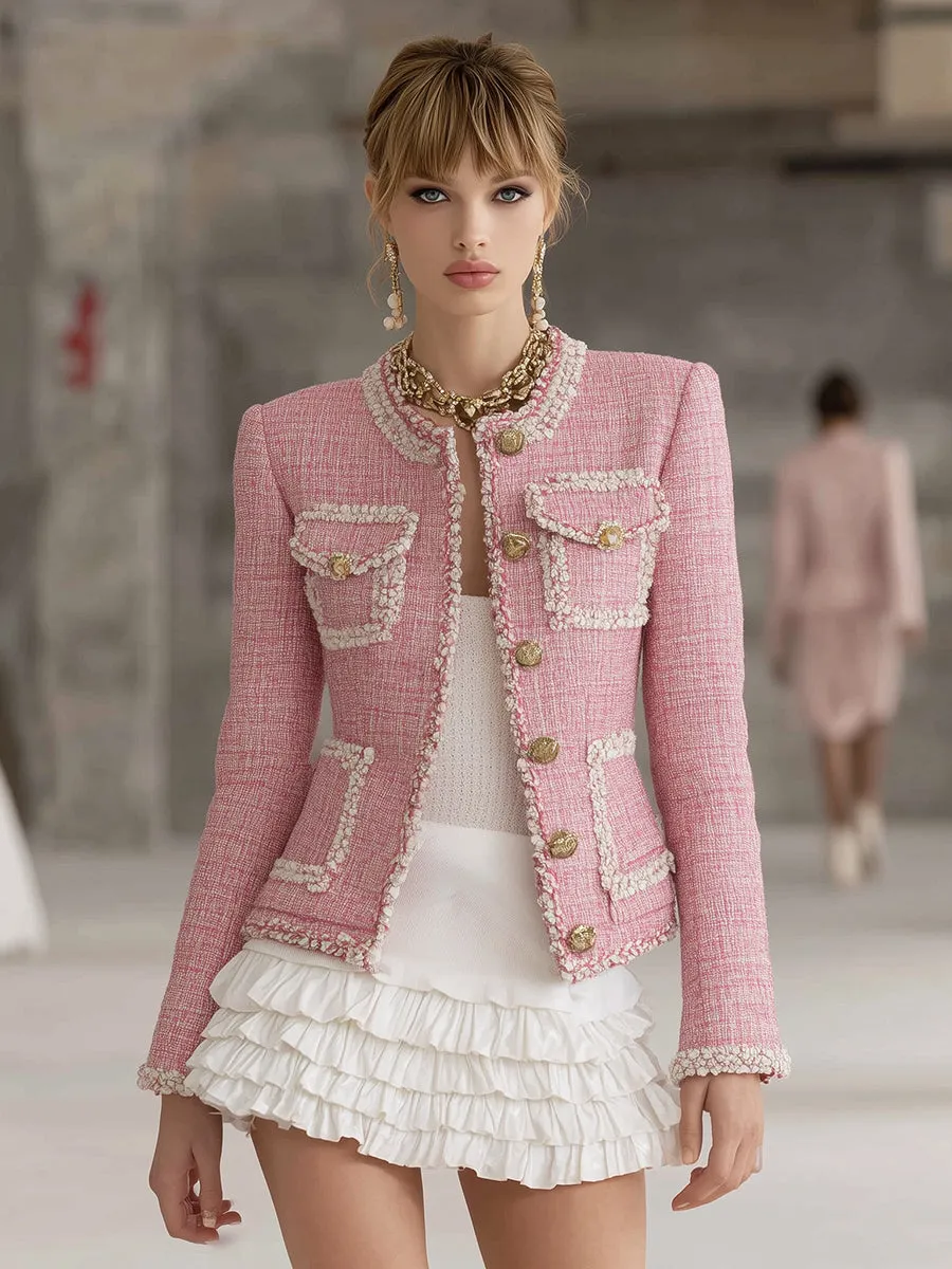 Designer Pink Tweed Patchwork White Trim Button Jacket sold by Oyrosy product image thumbnail 2