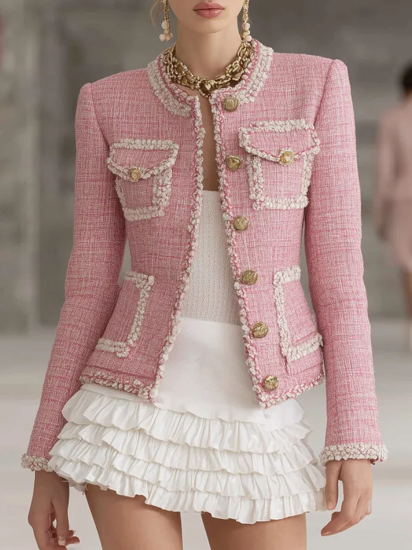 Designer Pink Tweed Patchwork White Trim Button Jacket sold by Oyrosy