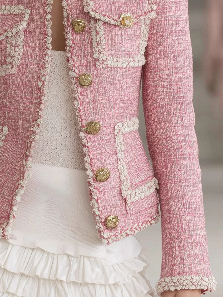 Designer Pink Tweed Patchwork White Trim Button Jacket sold by Oyrosy product image thumbnail 4