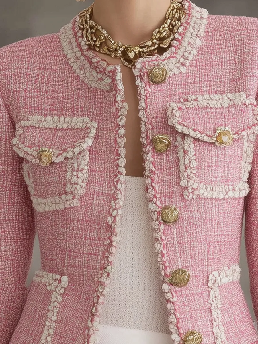 Designer Pink Tweed Patchwork White Trim Button Jacket sold by Oyrosy product image thumbnail 3