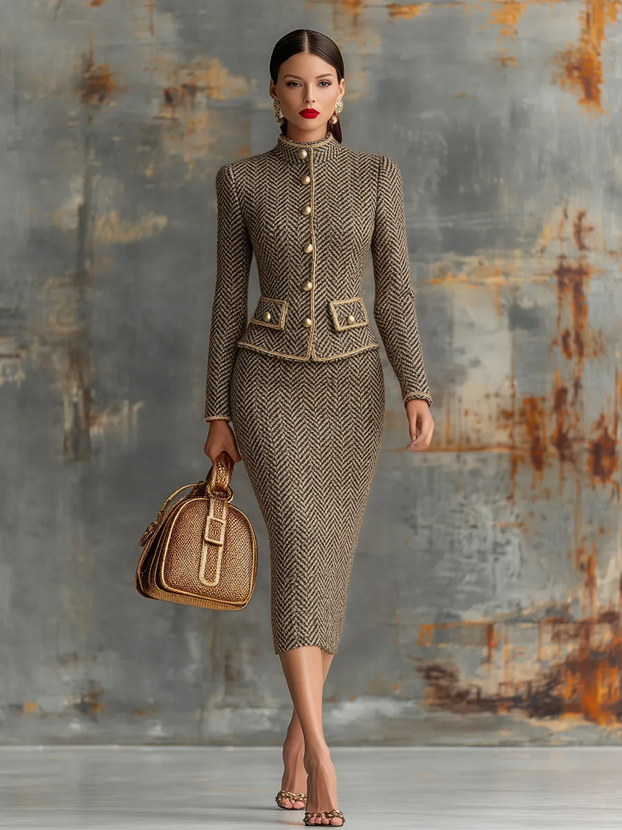 Vintage Herringbone Gold Trim Stand Collar Jacket And Skirt Set sold by Oyrosy product image thumbnail 2