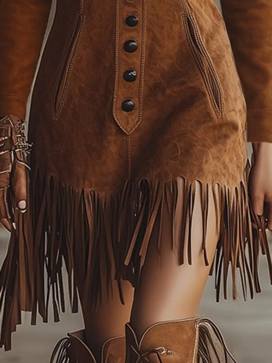 Western Style Tassel Brown Faux Suede Long Seleve Mini Dress sold by Oyrosy product image thumbnail 4