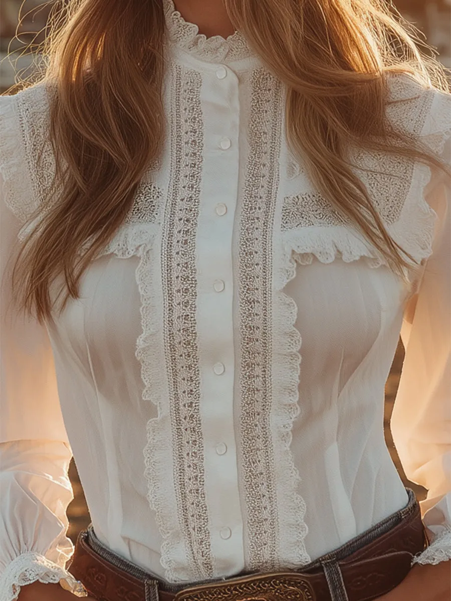 【24-hour shipping out】Western-style White Lace Button-down Shirt sold by Oyrosy product image thumbnail 4