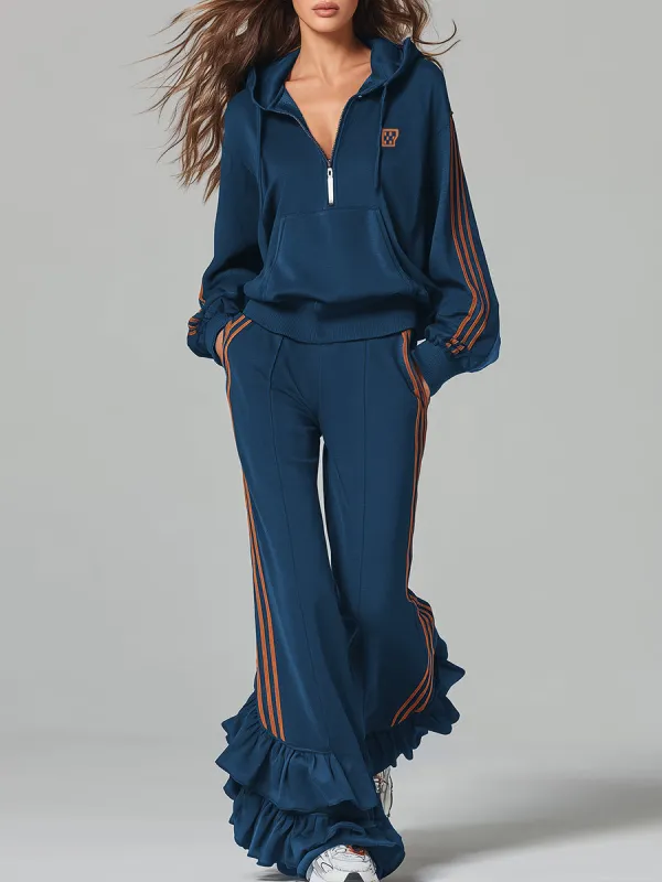 Casual Ruffle Trim Dark Blue Hooded Sweatshirt And Trousers Sports Set sold by Oyrosy