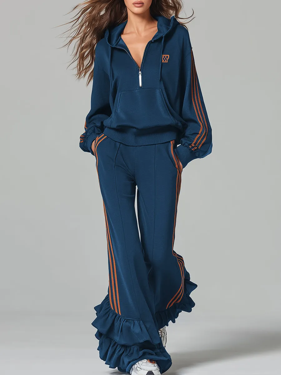 Casual Ruffle Trim Dark Blue Hooded Sweatshirt And Trousers Sports Set sold by Oyrosy