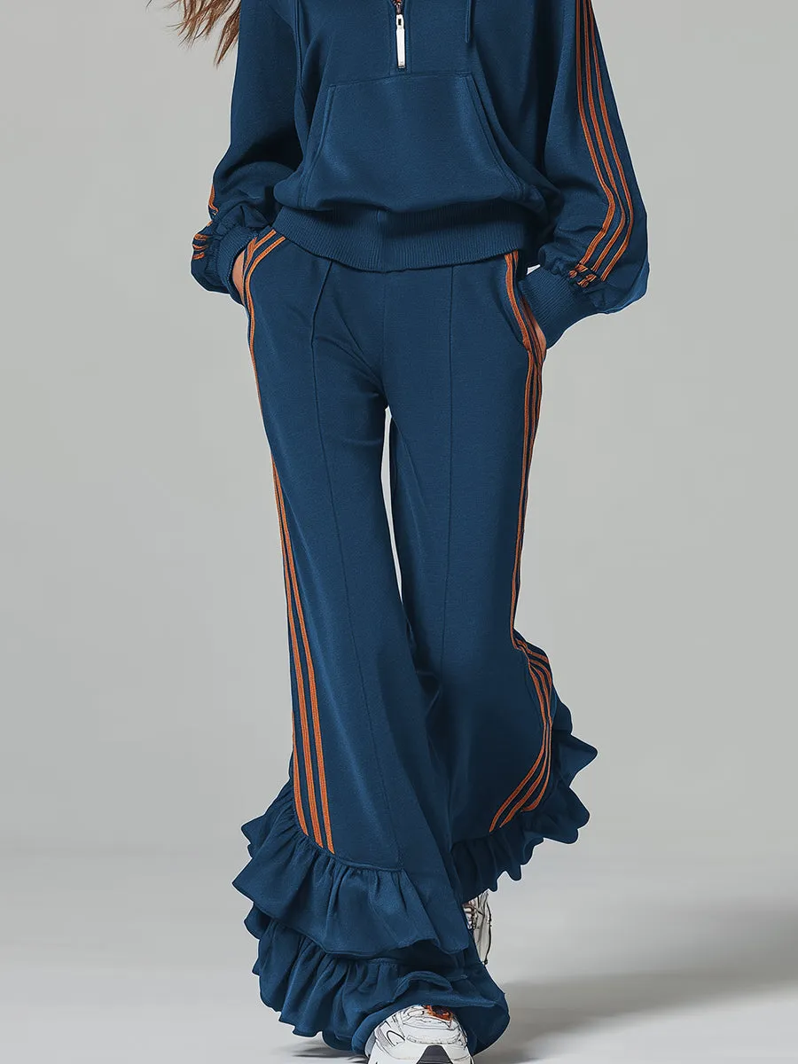 Casual Ruffle Trim Dark Blue Hooded Sweatshirt And Trousers Sports Set sold by Oyrosy product image thumbnail 4