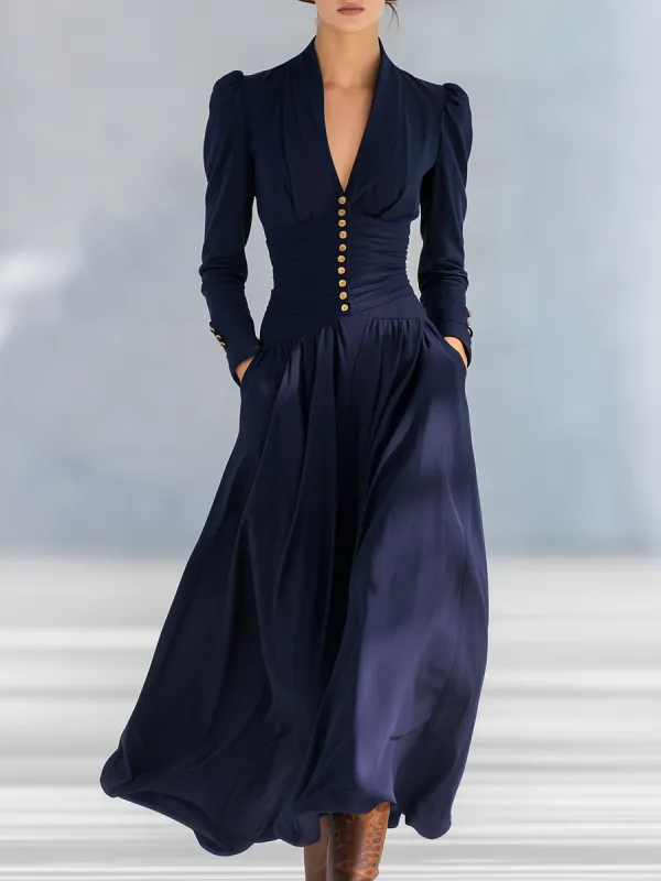 Stylish Elegant Button-decorated V-neck Long-sleeved Maxi Dress sold by Oyrosy