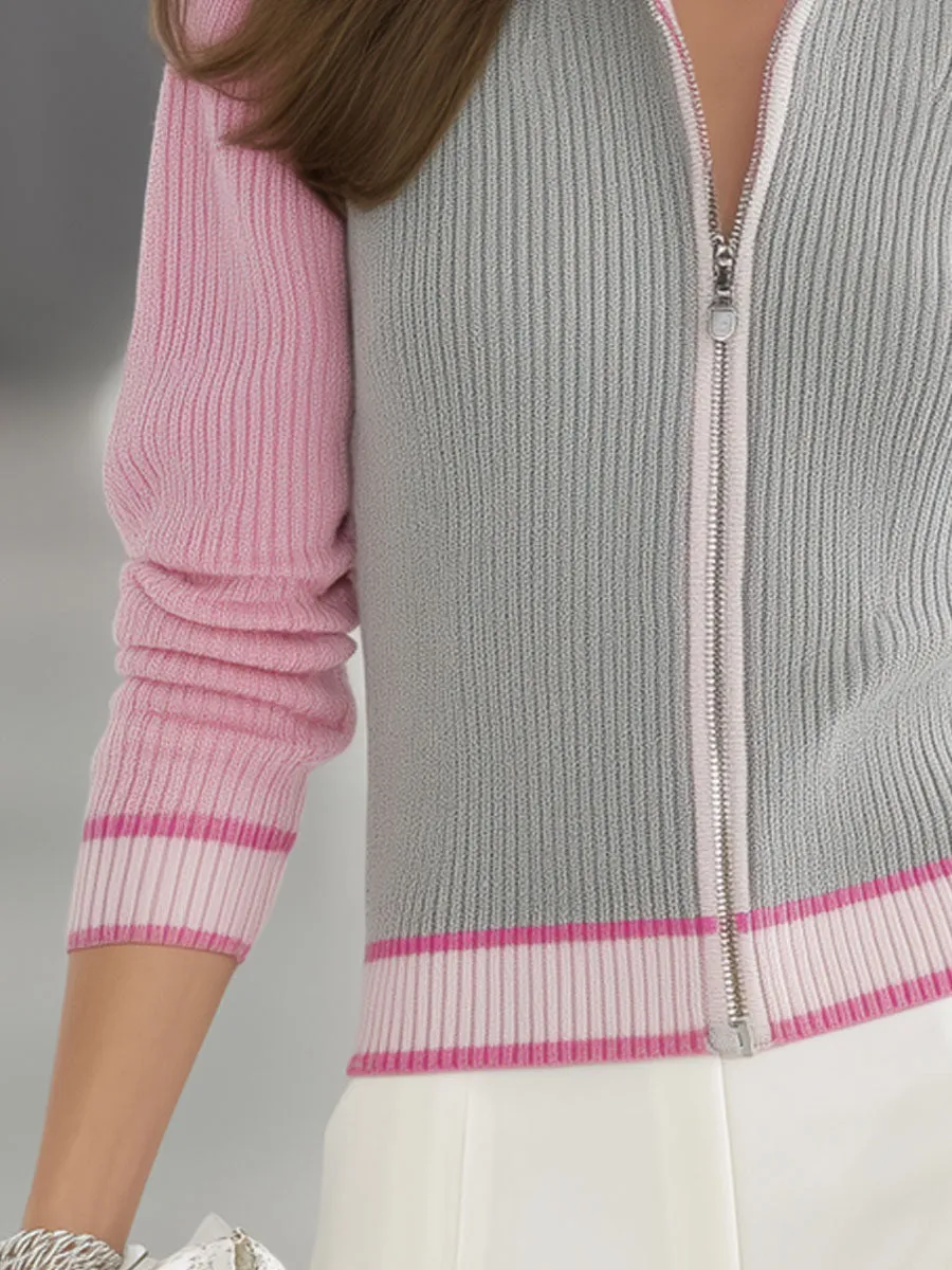 Stand Collar Zipper Contrast Color Knitted Cardigan sold by Oyrosy product image thumbnail 3