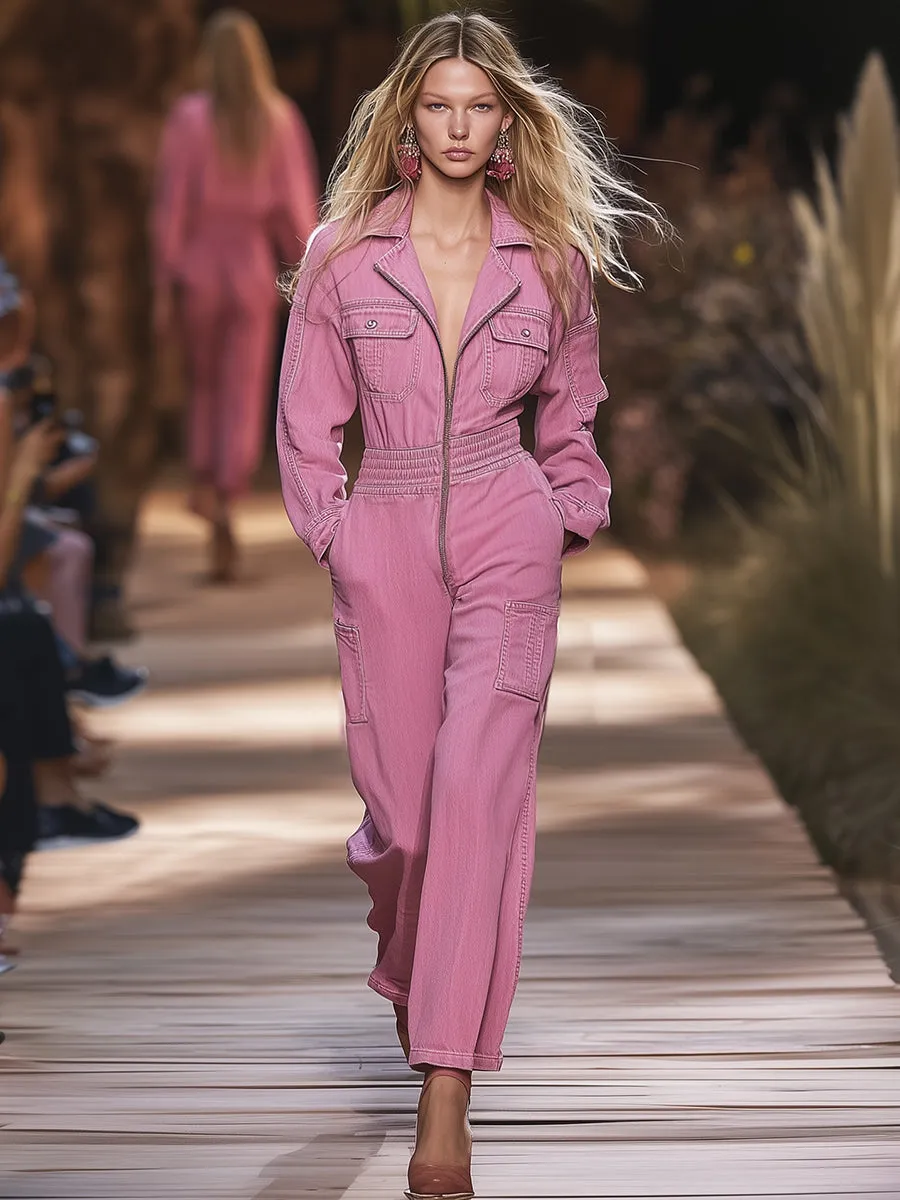 Retro Fashion Pink Denim Multi-Pocket Zipper Jumpsuit sold by Oyrosy product image thumbnail 2