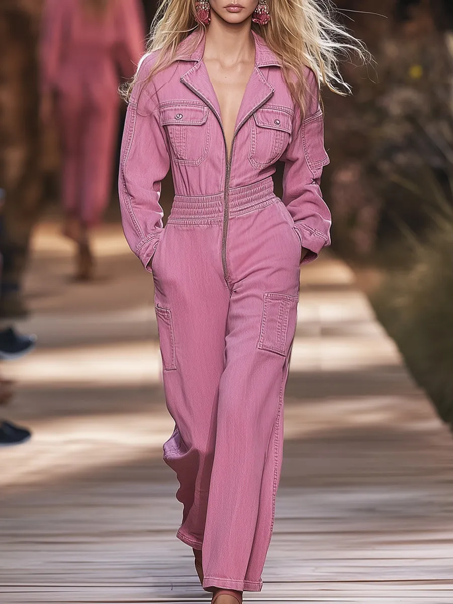 Retro Fashion Pink Denim Multi-Pocket Zipper Jumpsuit sold by Oyrosy