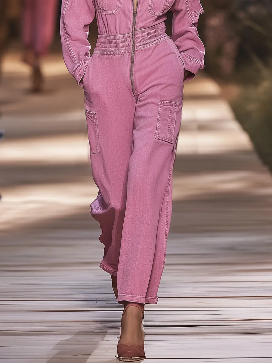 Retro Fashion Pink Denim Multi-Pocket Zipper Jumpsuit sold by Oyrosy product image thumbnail 4