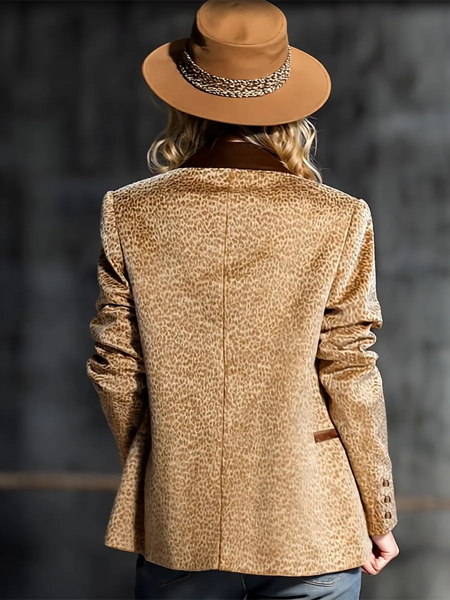 Retro And Fashionable Leopard Print Color-block Collar Velvet Blazer sold by Oyrosy product image thumbnail 2