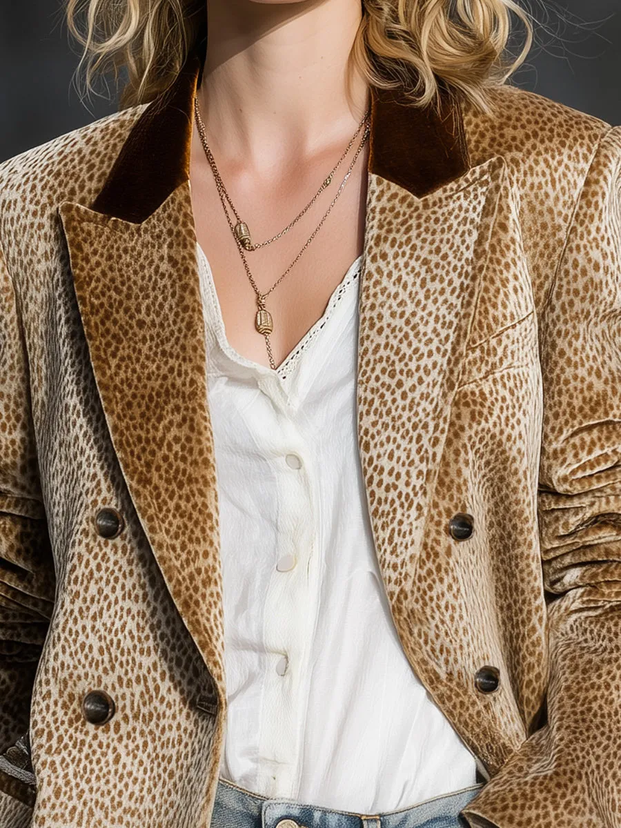 Retro And Fashionable Leopard Print Color-block Collar Velvet Blazer sold by Oyrosy product image thumbnail 4