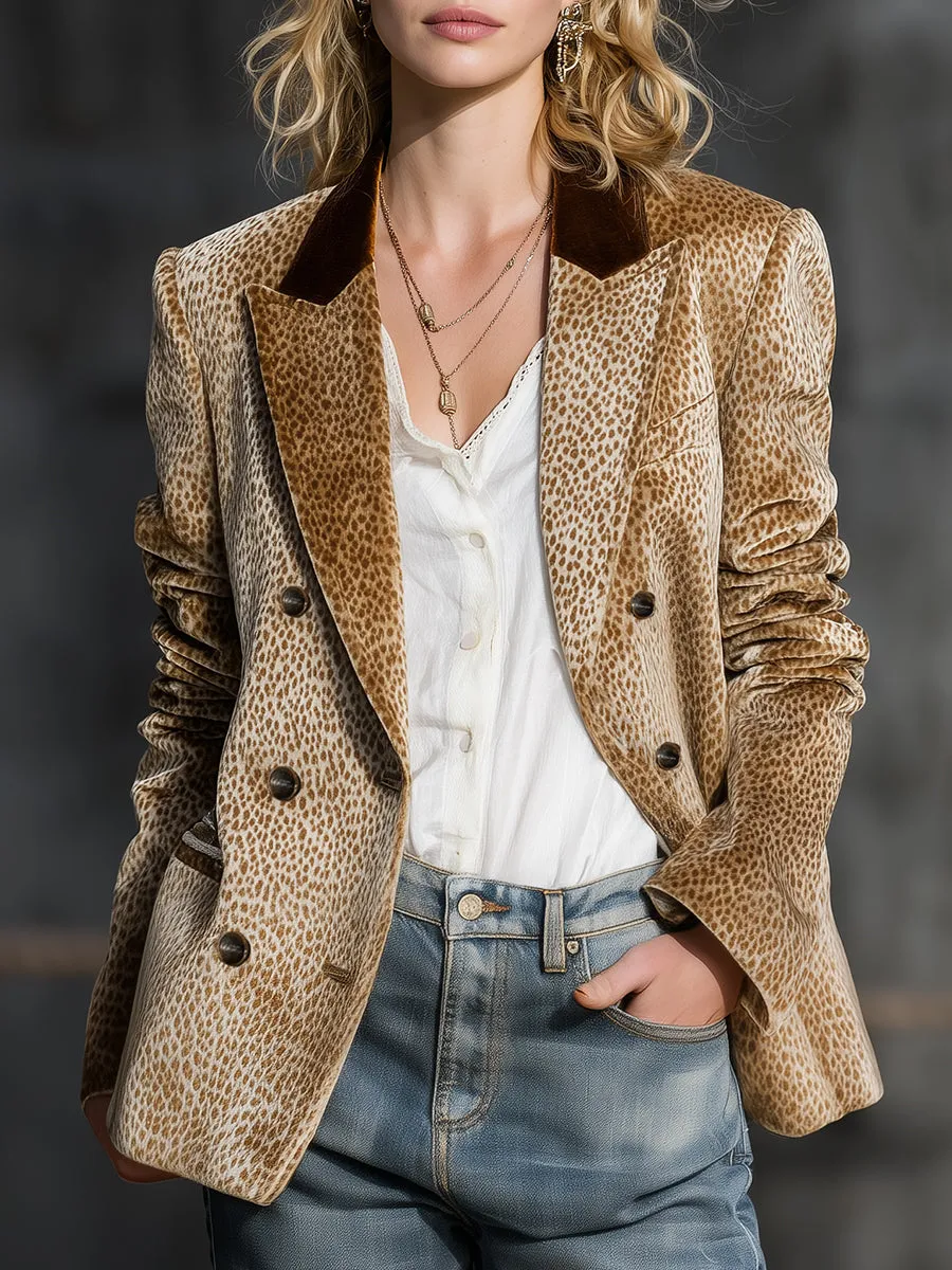 Retro And Fashionable Leopard Print Color-block Collar Velvet Blazer sold by Oyrosy
