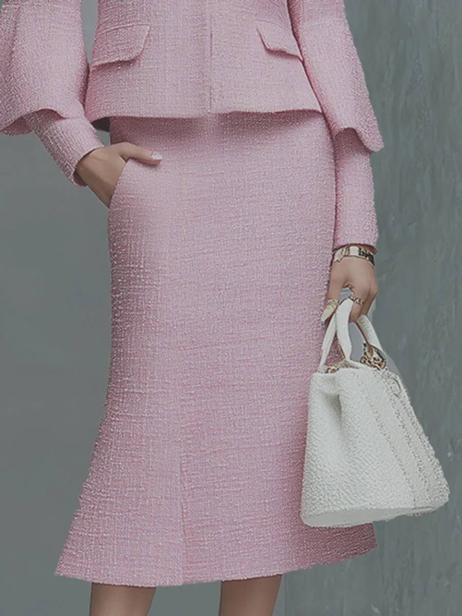 Elegant Neckline Bow Tie Trumpet Sleeve Jacket Skirt Tweed Set sold by Oyrosy product image thumbnail 5