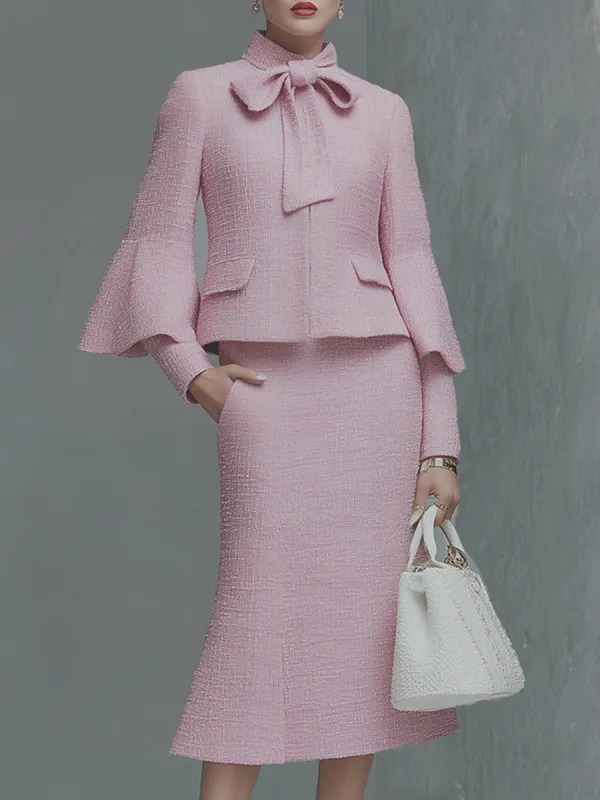 Elegant Neckline Bow Tie Trumpet Sleeve Jacket Skirt Tweed Set sold by Oyrosy