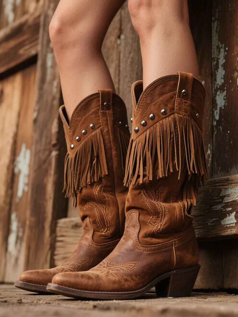 Women's Western Embroidered Tassel Faux Suede Cowboy Boots sold by Oyrosy