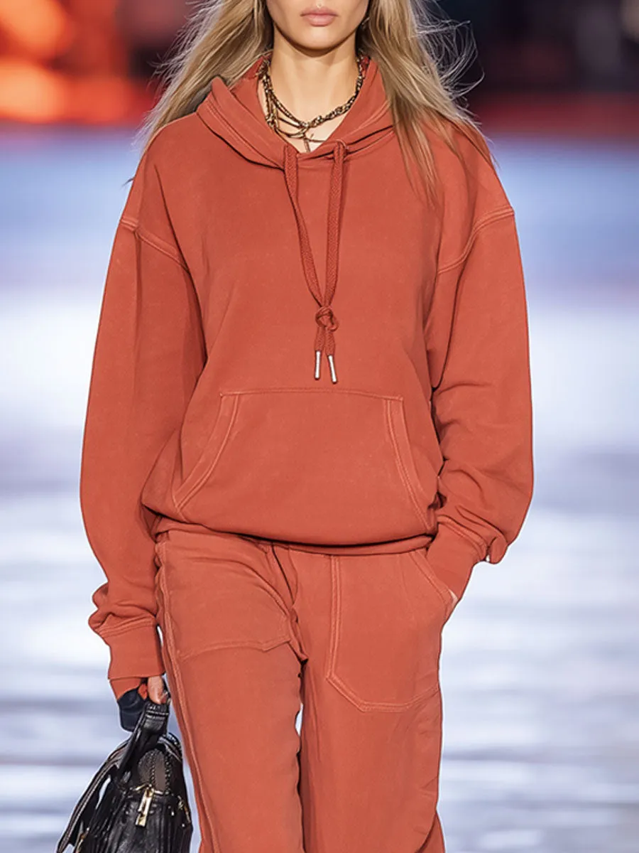 Casual Retro Orange Long-Sleeved Hoodie Sweatpants Sports Set sold by Oyrosy product image thumbnail 3