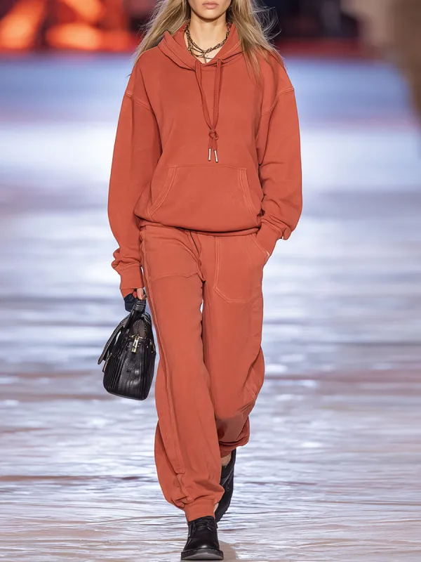 Casual Retro Orange Long-Sleeved Hoodie Sweatpants Sports Set sold by Oyrosy