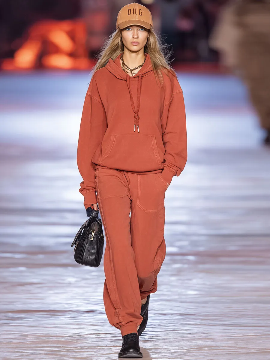 Casual Retro Orange Long-Sleeved Hoodie Sweatpants Sports Set sold by Oyrosy product image thumbnail 2