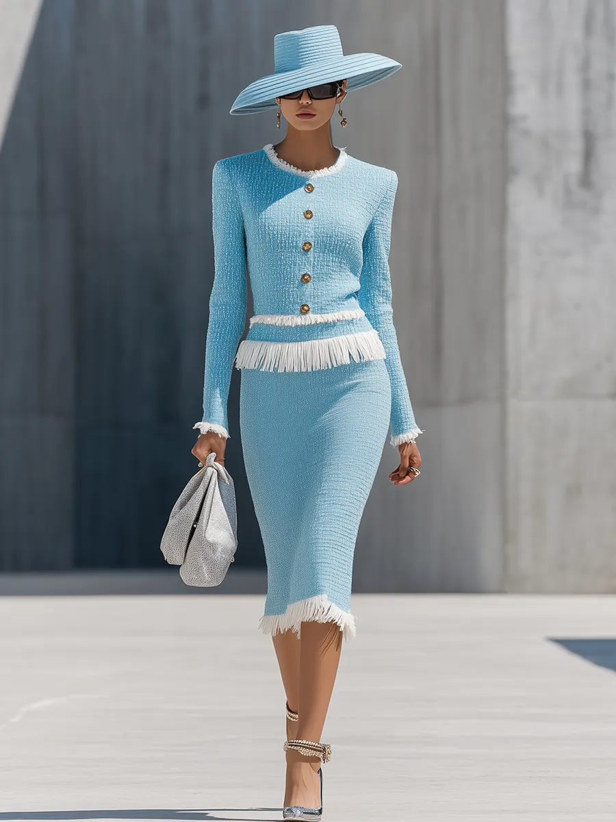 Elegant Vintage Gold Button Tassel Tweed Top And Skirt Set sold by Oyrosy product image thumbnail 3