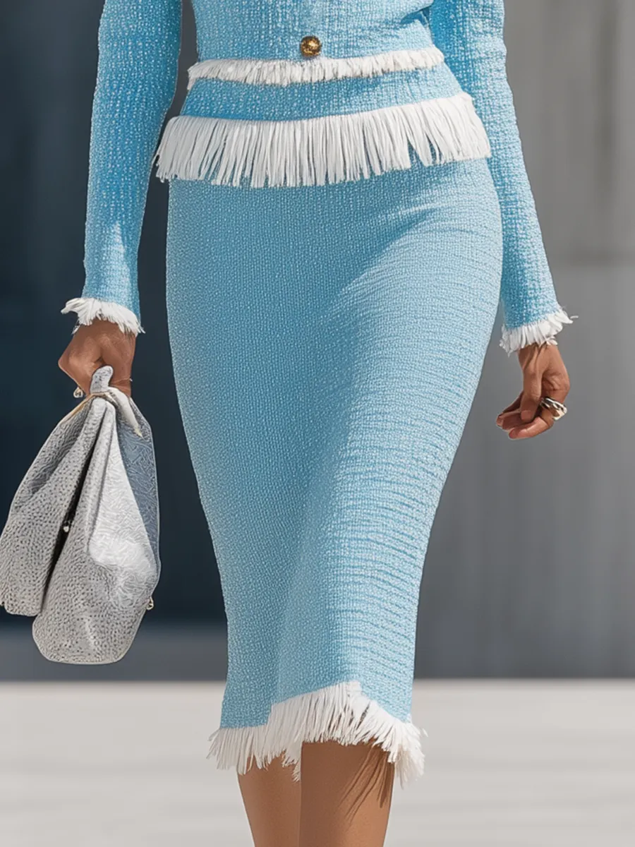 Elegant Vintage Gold Button Tassel Tweed Top And Skirt Set sold by Oyrosy product image thumbnail 5