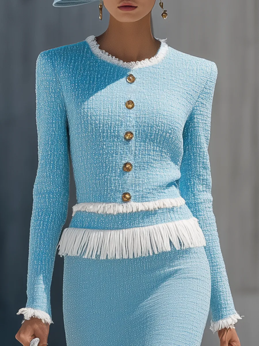 Elegant Vintage Gold Button Tassel Tweed Top And Skirt Set sold by Oyrosy product image thumbnail 4