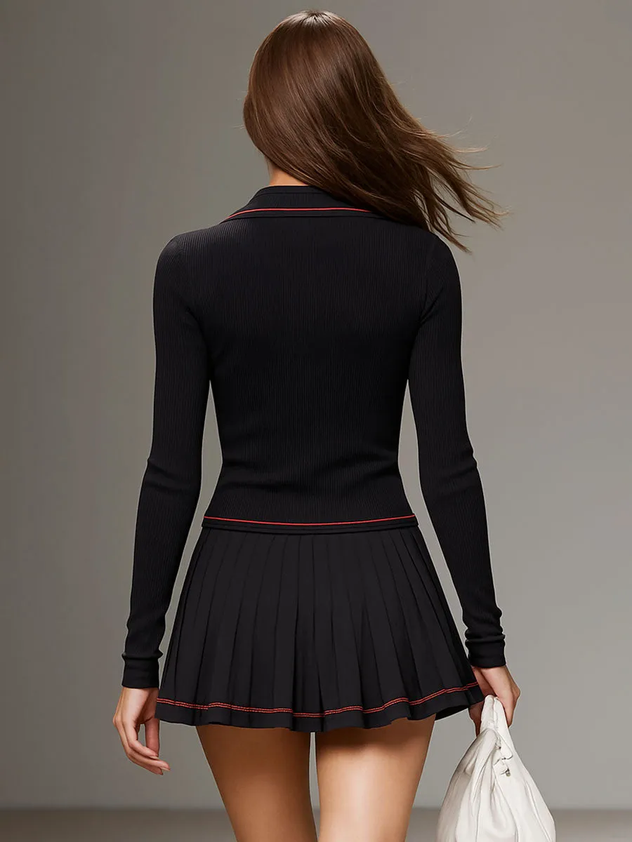 Contrast Hem Long Zip-up Top And Pleated Skirt Sports Suit sold by Oyrosy product image thumbnail 2
