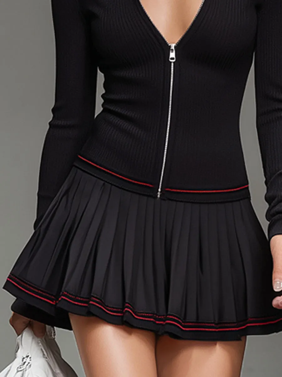 Contrast Hem Long Zip-up Top And Pleated Skirt Sports Suit sold by Oyrosy product image thumbnail 5