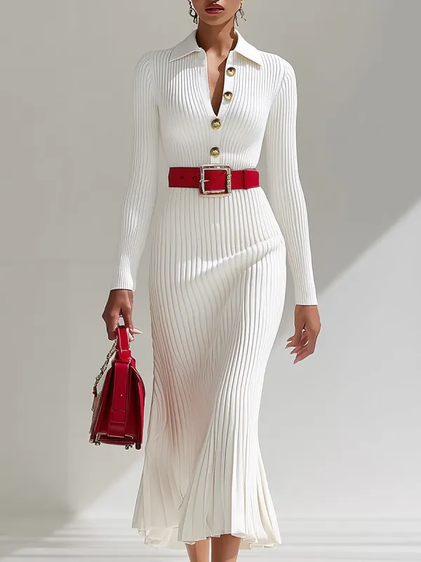 【24-hour shipping out】White Wool Lapel Button Design Maxi Dress sold by Oyrosy